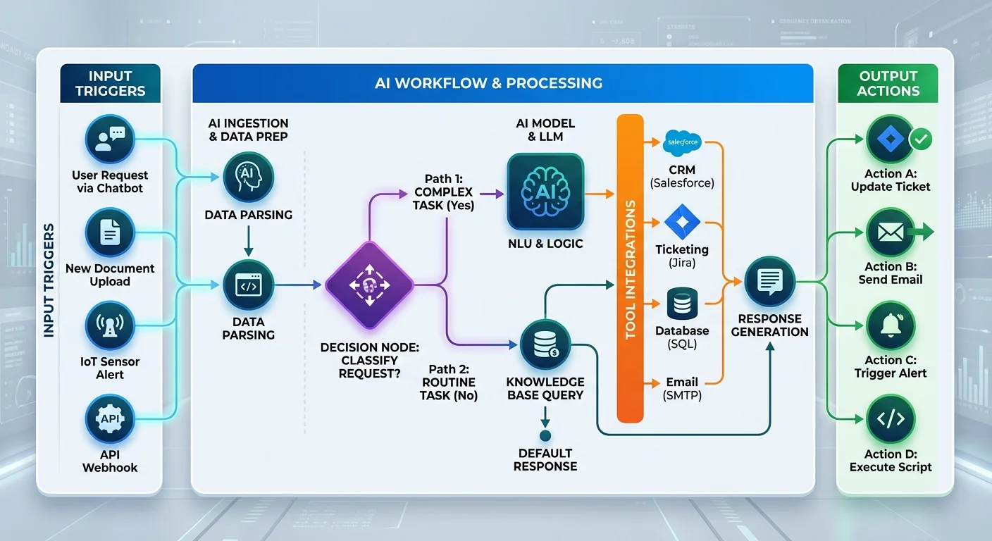 AI workflow automation diagram showing connected tools and decision points