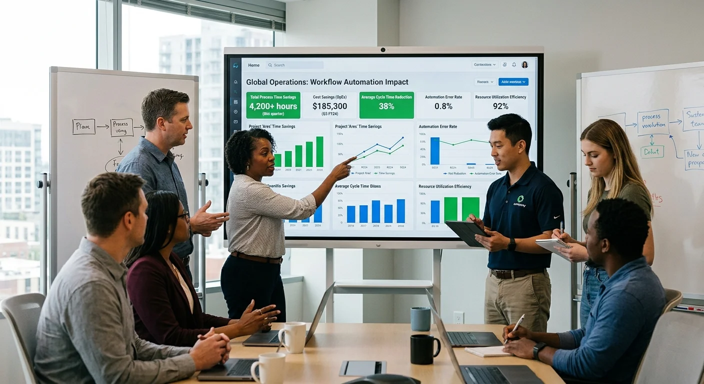 Dashboard displaying AI workflow automation cost savings and time reduction data
