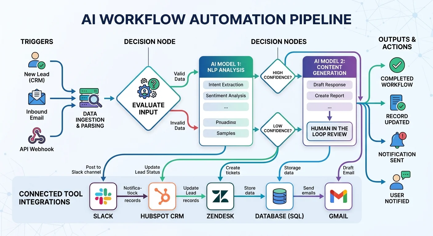 AI workflow automation pipeline diagram showing connected tools and decision logic